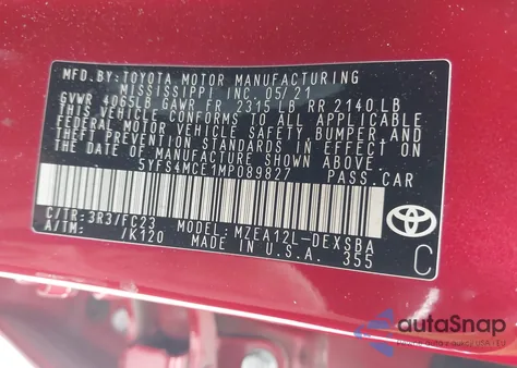 2021 Toyota Corolla Se z USA, uszkodzony, nr VIN 5YFS4MCE1MP089827